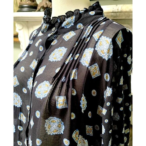 Free People black paisley Sheer Mock Neck Mini Dress flare top sz L Black - Picture 5 of 11